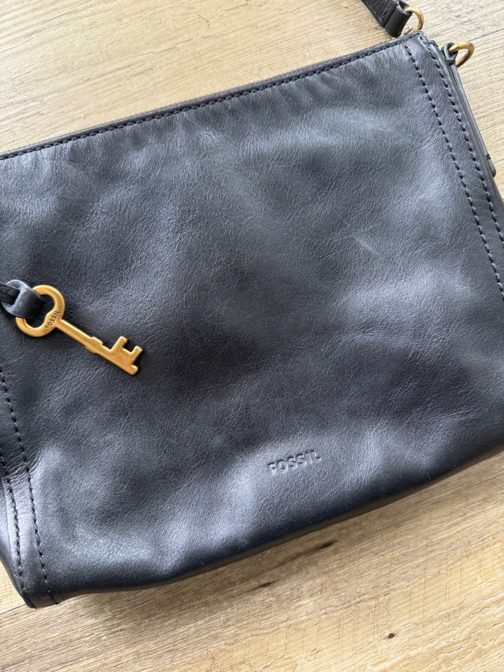 Fossil Black Leather Women's Crossbody with Gold Key Charm